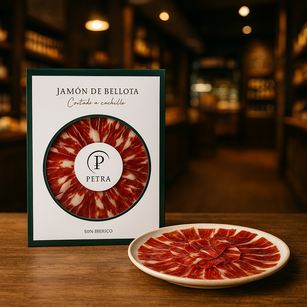 Sobre de jamón ibérico loncheado PETRA, cortado a cuchillo