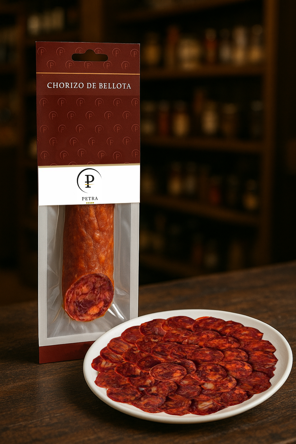 Chorizo de Bellota PETRA — estuche granate con plato loncheado