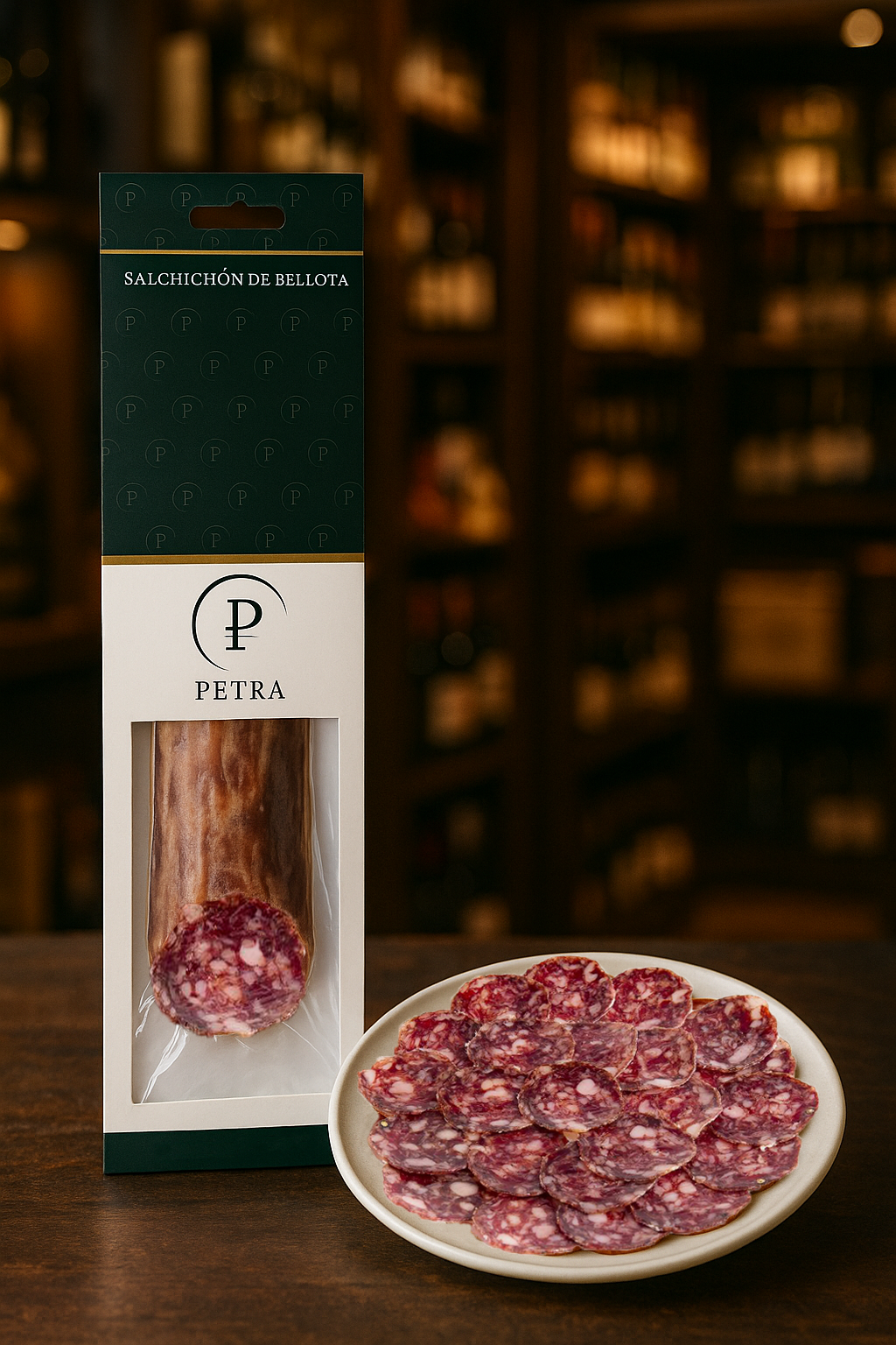 Salchichón de Bellota PETRA — estuche verde con plato loncheado